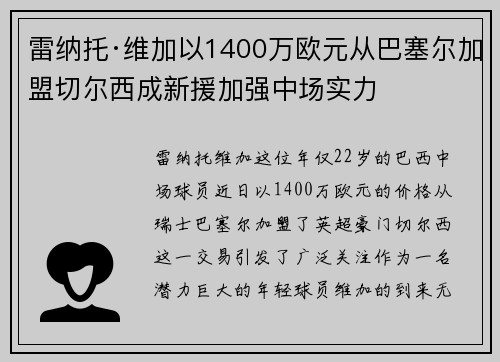 雷纳托·维加以1400万欧元从巴塞尔加盟切尔西成新援加强中场实力