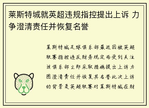 莱斯特城就英超违规指控提出上诉 力争澄清责任并恢复名誉 莱斯特城就英超违规指控提出上诉 力争澄清责任并恢复名誉